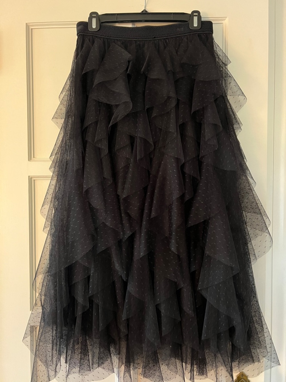 Anthropologie Black Ruffled Tulle Midi Skirt